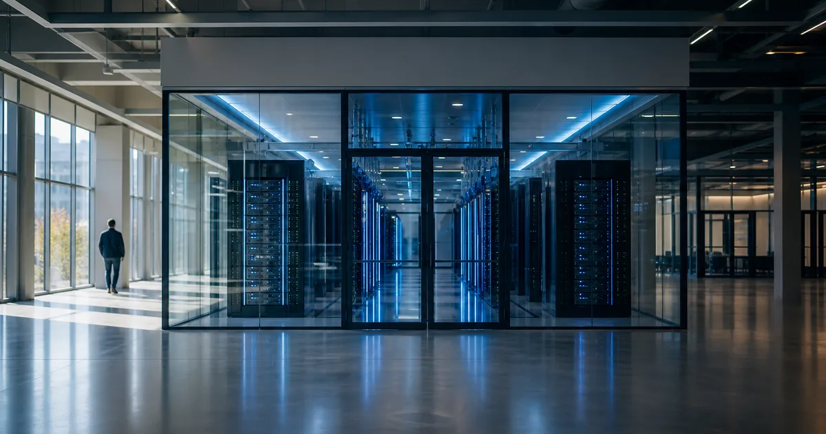 A data center server room with blue ambient lighting where an engineer reviews pipeline monitoring dashboards on large wall-mounted screens