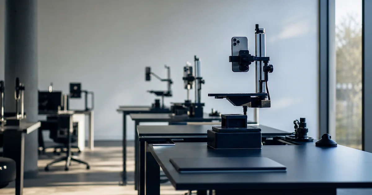 A minimalist bright office with standing desks and devices mounted on testing rigs, clinical-white walls broken by a single floor-to-ceiling window letting