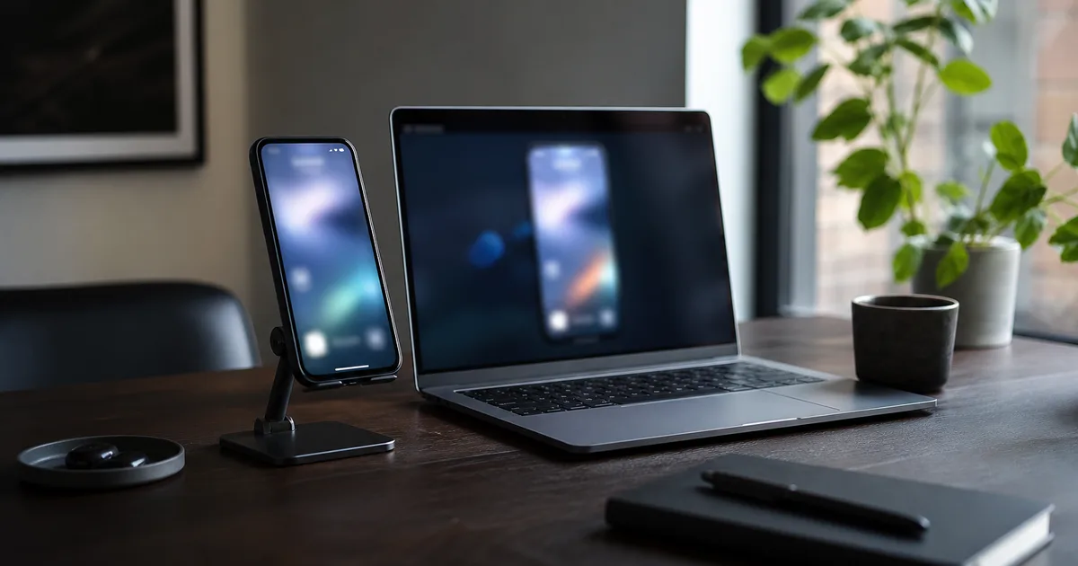 A developer desk with a smartphone on a stand beside a laptop showing a blurred mobile app screen, clean modern light, shallow focus, no people