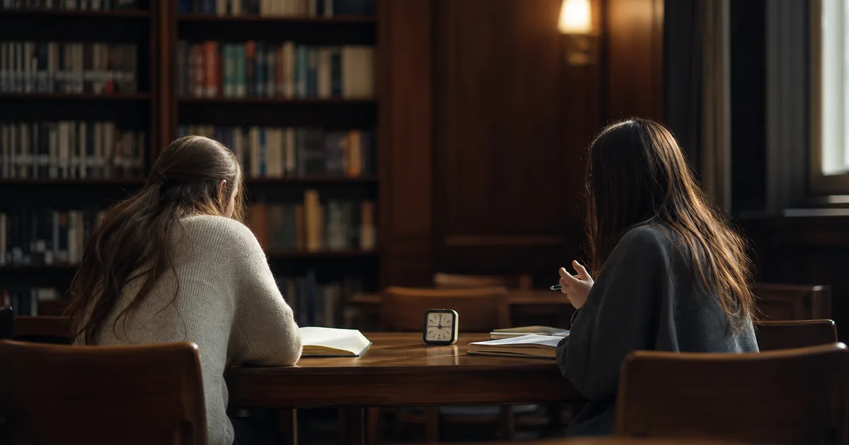 Two students sitting across from each other at a library table with notebooks and a timer, one speaking earnestly while the other takes notes, warm