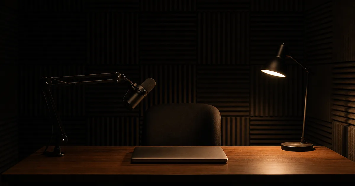 A soundproofed practice room at night containing one empty chair, a desk microphone on a boom arm and a closed laptop lid, a single lamp pooling warm light