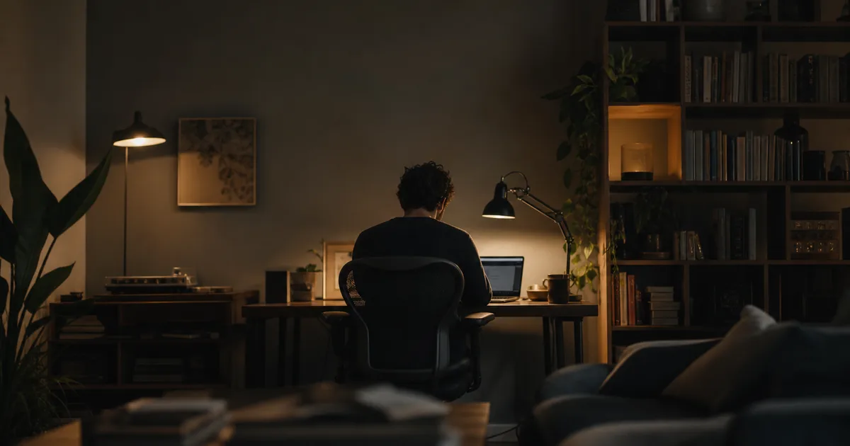 A developer working on a laptop in a cozy home studio setup at night, a single desk lamp illuminating the workspace, bookshelves behind