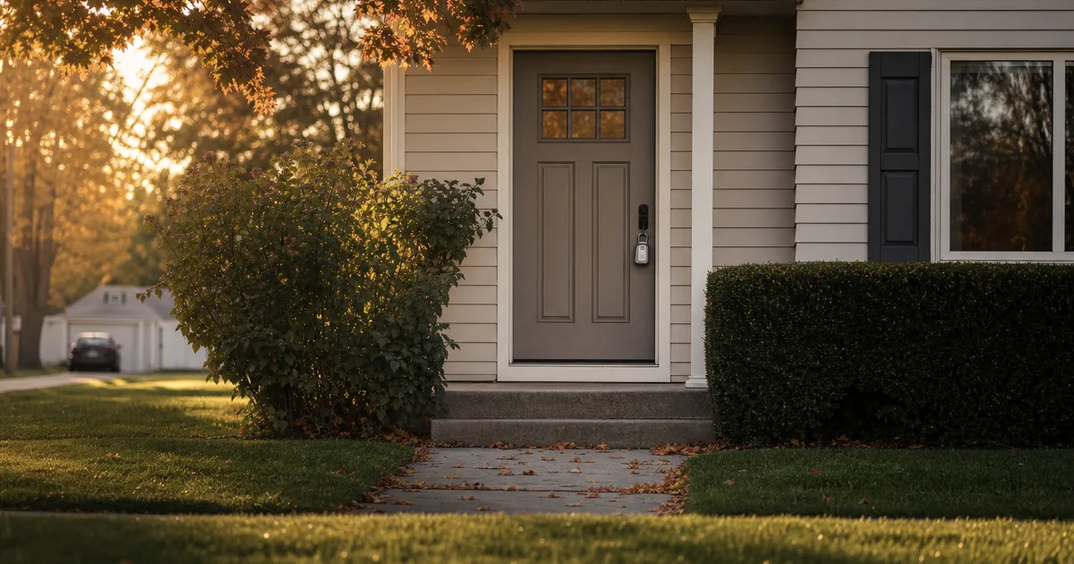 A freshly cut lawn in front of a modest suburban home at golden hour, with a realtor lockbox on the door handle and autumn leaves scattered on the path