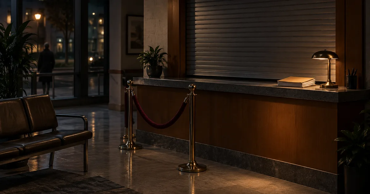 A closed loan-office counter at night, a velvet rope stanchion beside an empty waiting bench, a single lamp left on over a neat stack of unsigned paperwork