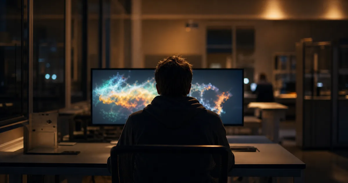 Graduate student reviewing data visualizations on a laptop at a university library desk with city skyline visible through large windows
