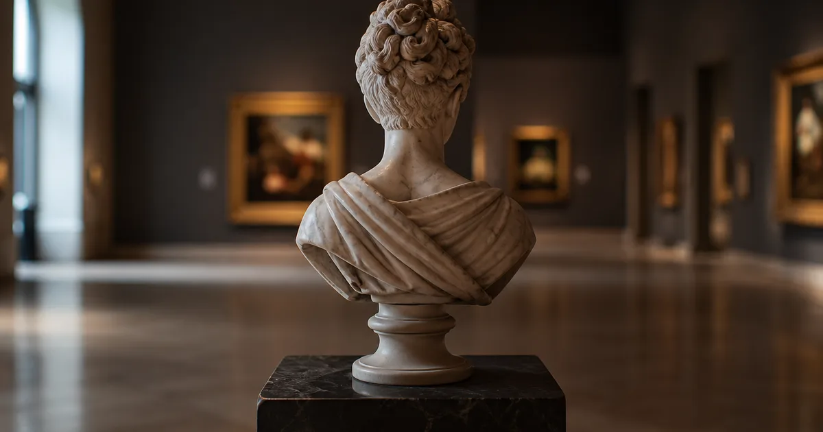 An elegant museum gallery with framed artworks softly out of focus on the walls and a polished floor, refined ambient light, no readable text, no people
