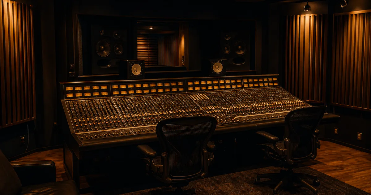 Audio engineer adjusting mixing board faders in a professional recording studio with acoustic foam panels and large monitor speakers visible