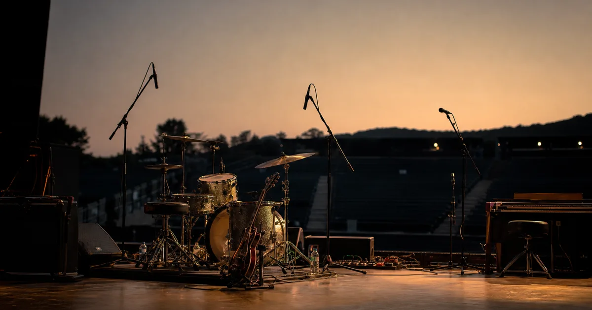 An empty concert stage at dusk with instruments and microphones set up, warm stage lighting and a dark auditorium beyond, no people