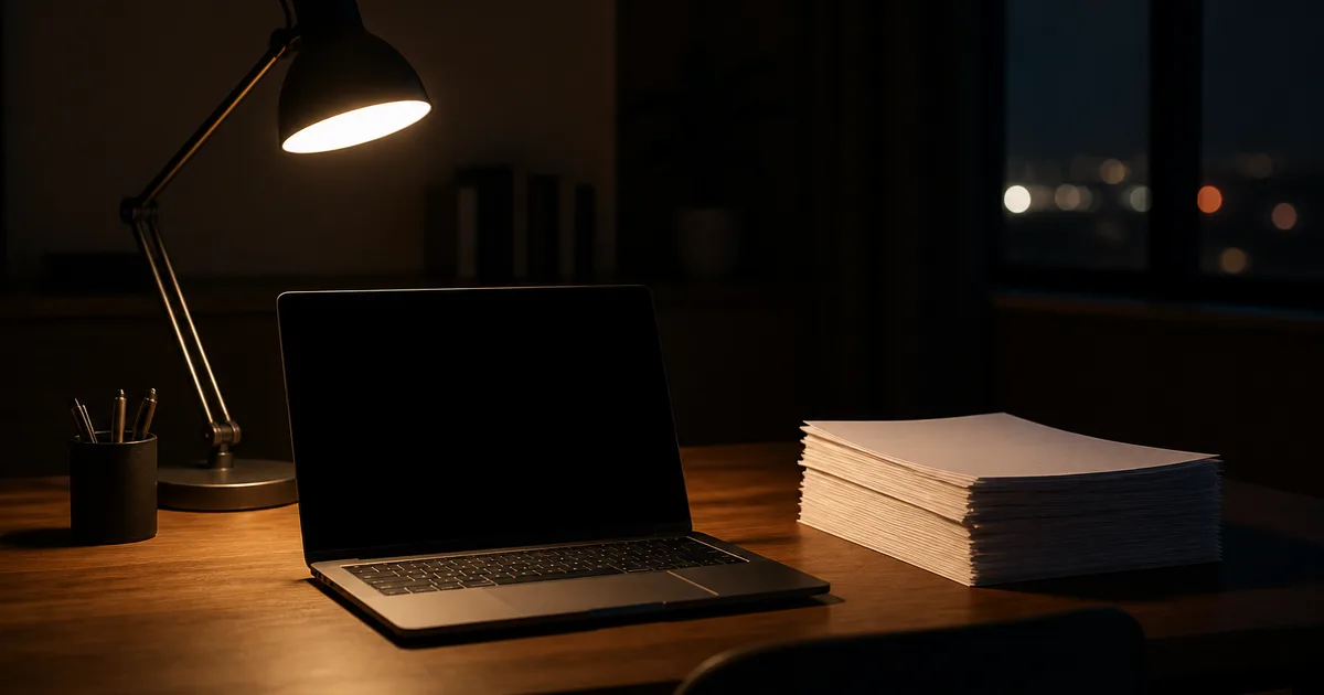 A professional reviewing paperwork and typing on a laptop at a home office desk with a folder of documents nearby