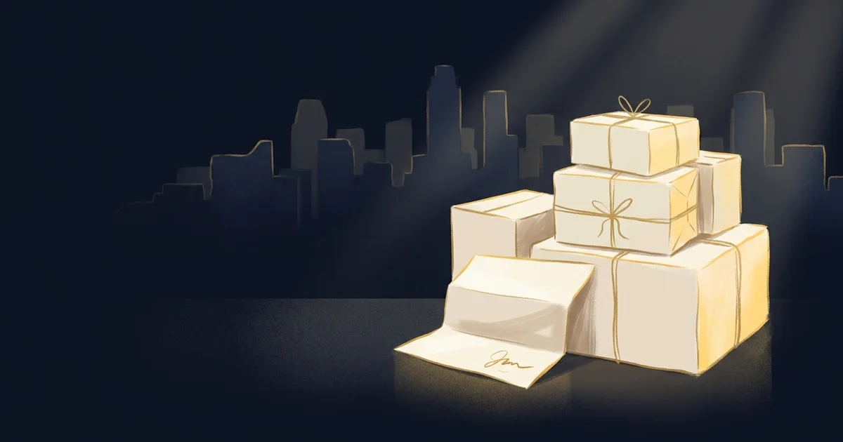A stack of moving boxes beside a partially-folded signed offer letter on a navy background, with a faint city skyline behind.