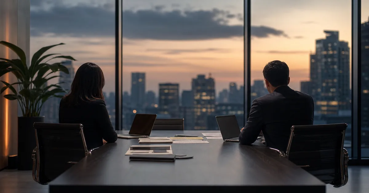 Two people at a modern conference table with open laptops, documents spread between them, floor-to-ceiling windows showing an urban skyline at dusk