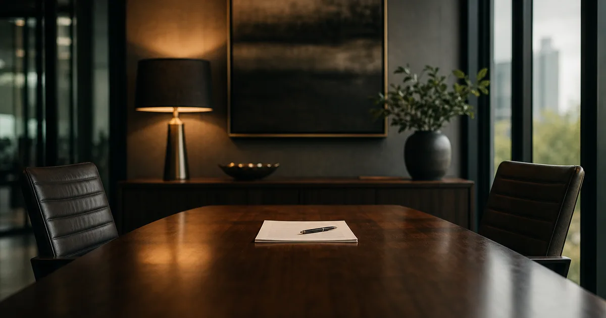 Two chairs at a table with an offer letter and a pen between them, warm negotiation-room light, balanced composition, no readable text, no people