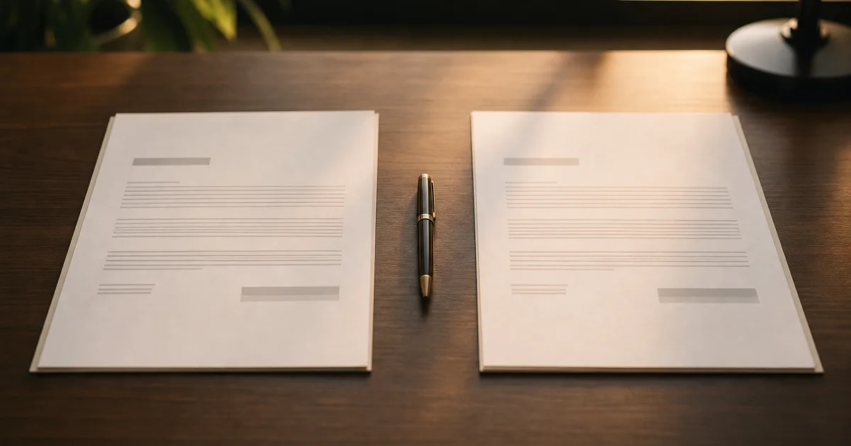 A desk with two offer-letter-style documents side by side and a pen between them, balanced warm light, no readable text, no people