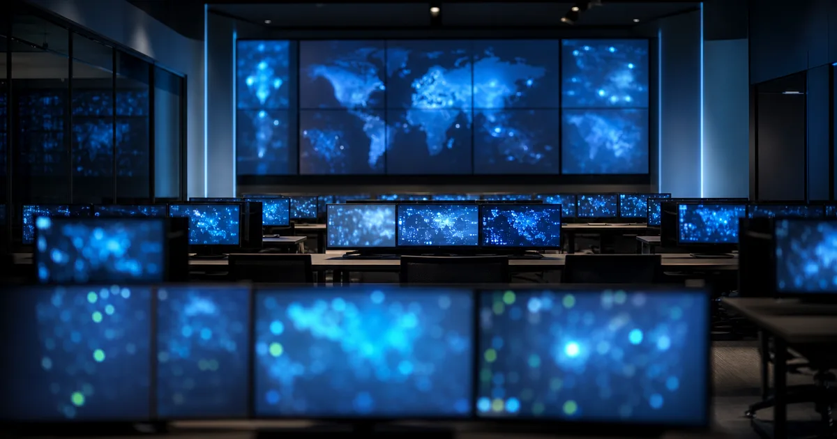 A network operations engineer monitors rack servers and fiber patch panels in a softly lit data center corridor