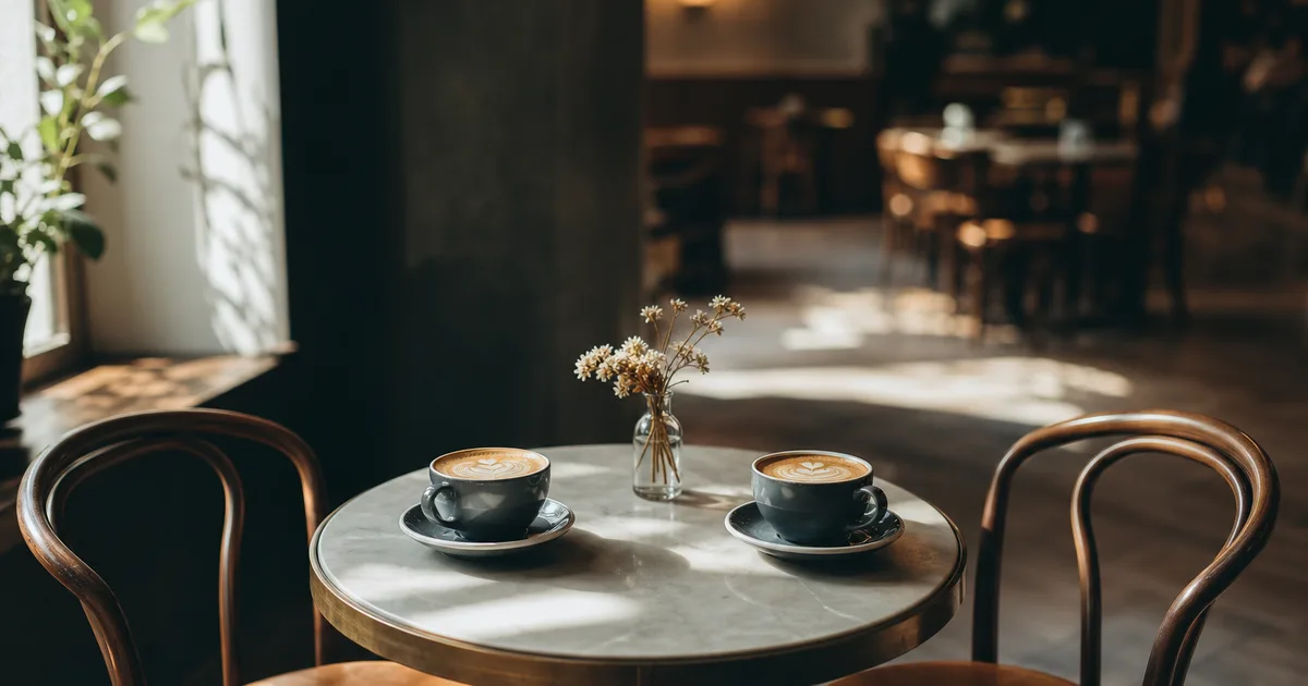 A bright cafe table set for a coffee chat with two cups and two empty chairs, warm social light, shallow focus