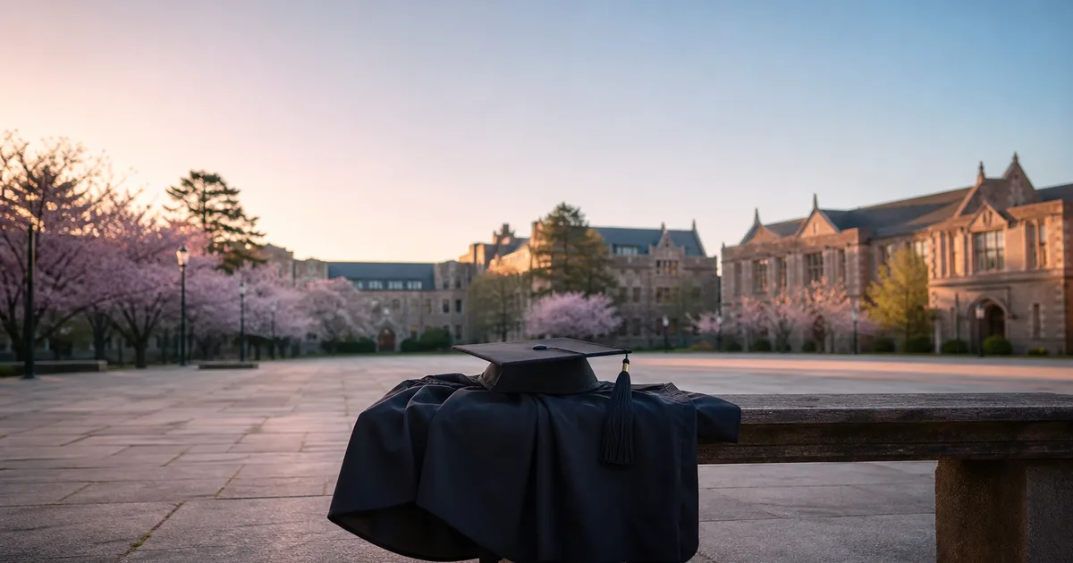A recent graduate in cap and gown holds a diploma while checking a phone on a sunny university campus