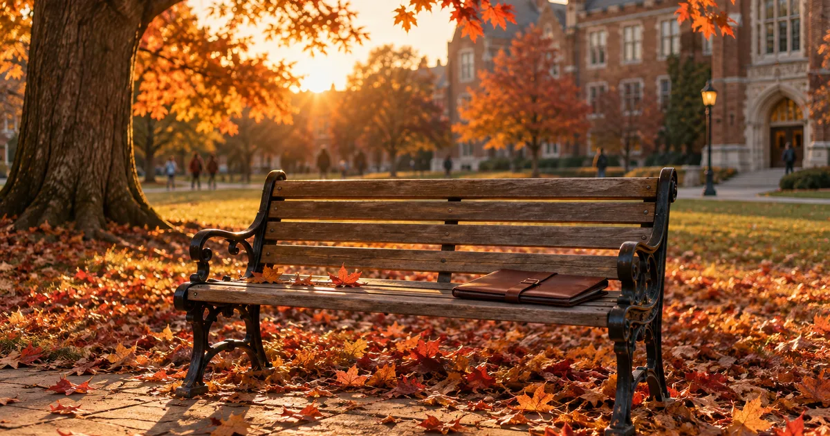 An autumn campus quad at golden hour, fallen maple leaves around a lone wooden bench with a leather portfolio folder resting on the seat, brick buildings