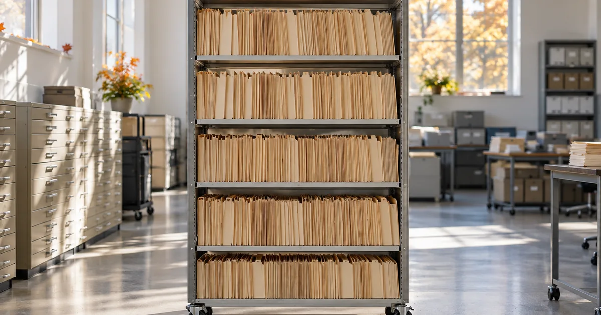 A tall rolling shelf of new, empty manila folders in a bright government records room, crisp October morning light through high windows, a few fallen leaves