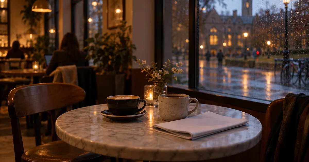A quiet coffee shop corner near campus at early evening, two cups of coffee on a small marble table beside a folded printed resume, warm pendant lights and