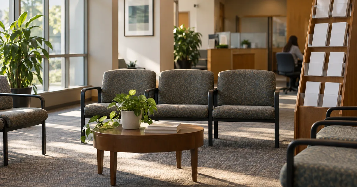 A university financial aid office waiting area with empty upholstered chairs and a rack of blank brochures, soft late-morning light across a carpeted floor