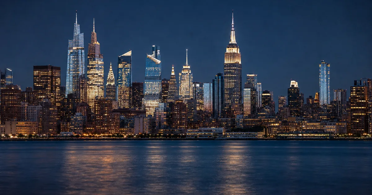 Midtown Manhattan skyline at blue hour shot from across the East River, dense towers of glass and steel glowing against a deep indigo sky