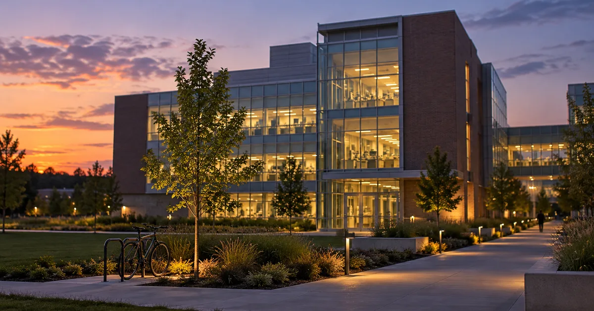 A biomedical research campus at dusk, a glass-and-brick laboratory building with a few lit windows, a lone bicycle at a rack and a young tree along an empty