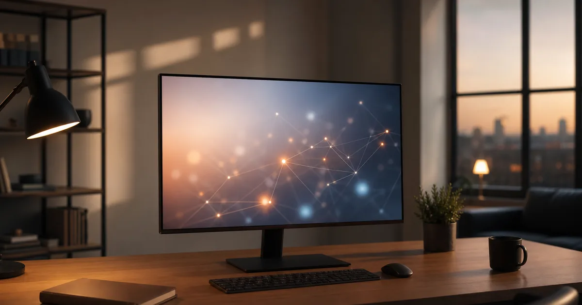 A modern workspace with a monitor showing soft blurred text and abstract network nodes, a desk lamp and a notebook, calm evening light, no people