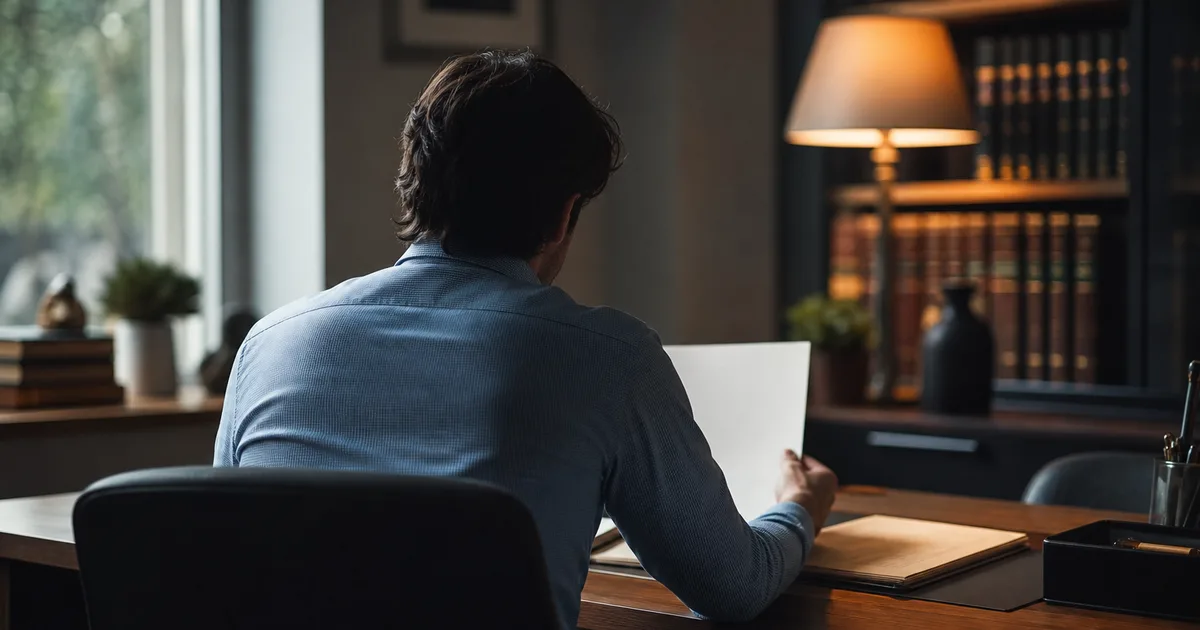 A person at a home office desk staring at a serious-looking official letter with a lamp casting warm light on stacked law books in the background