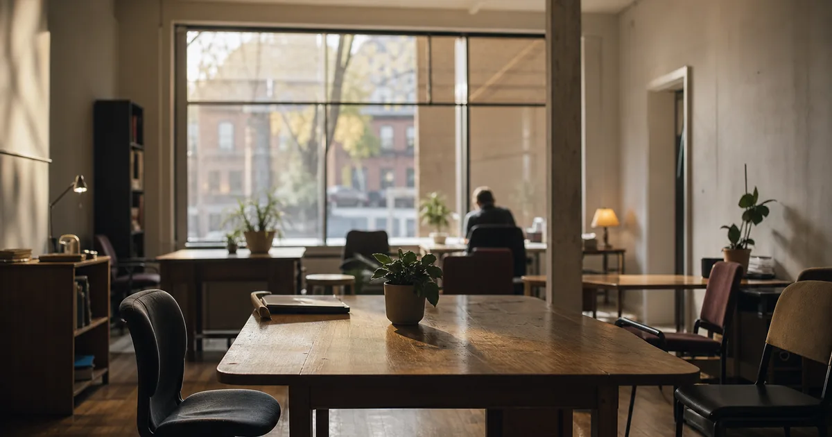 A modest nonprofit office at early morning, mismatched furniture lit by soft light through a street-facing window