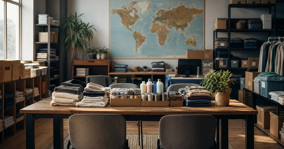 A bright community nonprofit office with a shared worktable, donated supplies neatly organized and a world map on the wall, warm light, no people