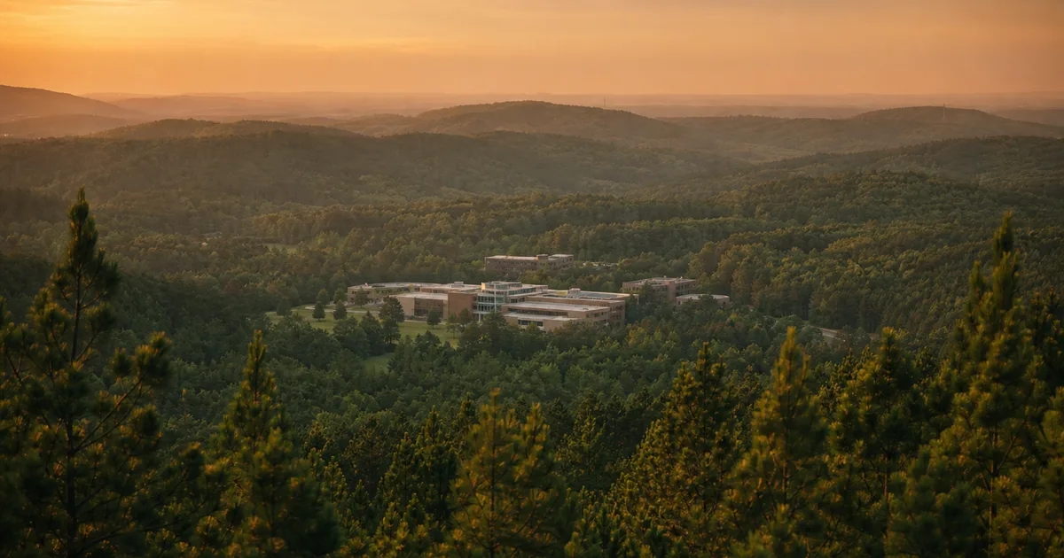 Wide-angle view of a gleaming glass office campus surrounded by pine trees on a clear summer afternoon in Research Triangle Park North Carolina
