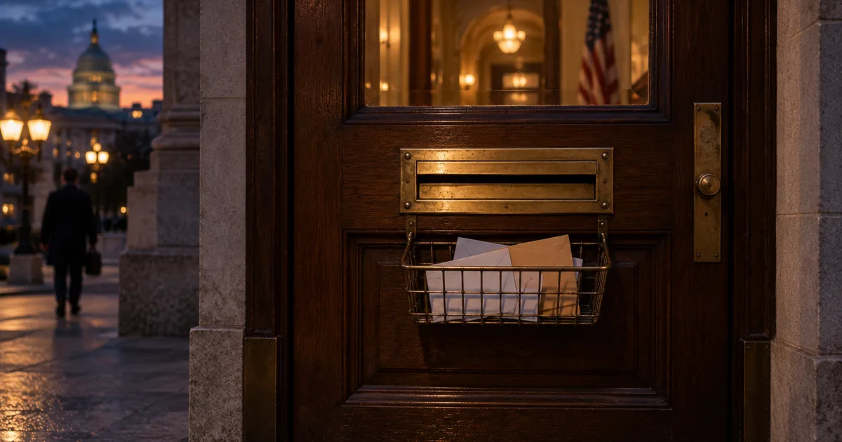 A brass mail slot in a heavy wooden door of a government office building at dusk, a few envelopes resting in the wire basket below, warm interior glow