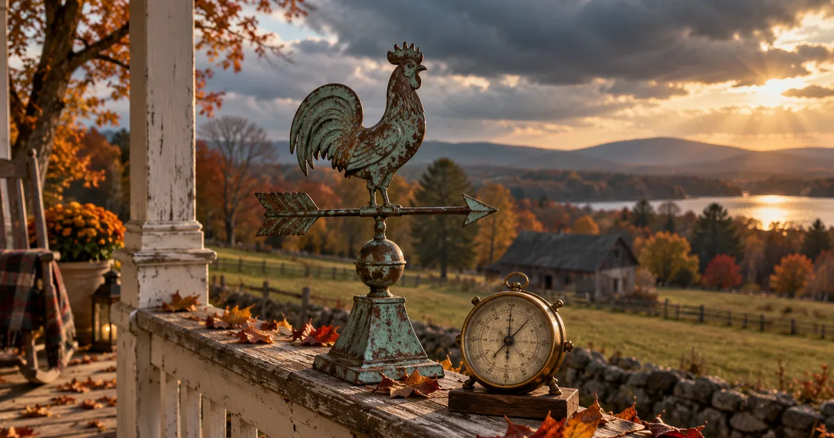 A weathered copper weather vane and an old brass barometer on a farmhouse porch railing under a shifting October sky, fallen leaves scattered across the