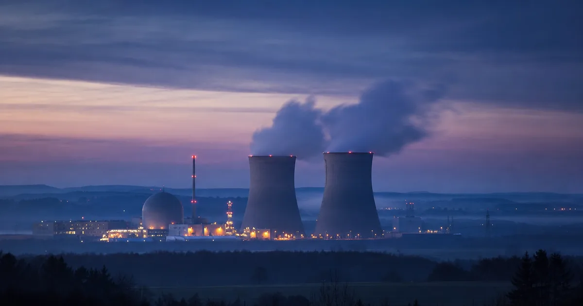 A nuclear power plant with cooling towers at blue hour, an expansive industrial landscape with soft mist, no people