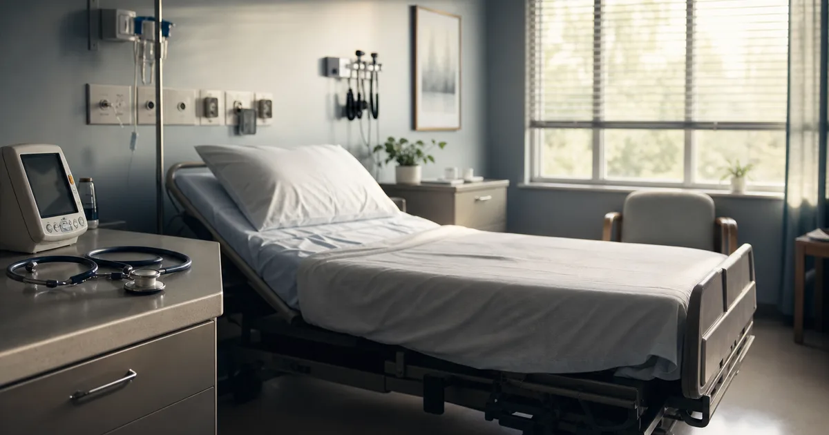 A modern hospital exam room with an empty patient bed, a vital-signs monitor and a stethoscope on a counter, soft daylight through blinds