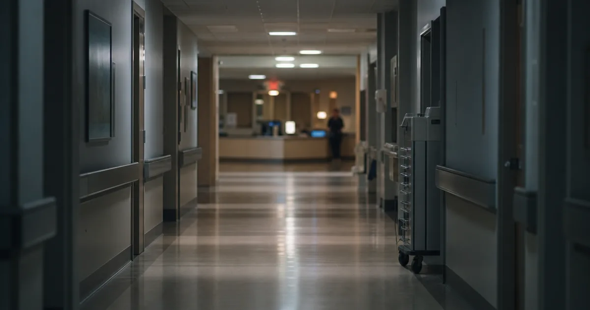 A nurse in scrubs reviewing paperwork at a hospital nurses station, with a stethoscope and ID badge visible on a softly lit desk