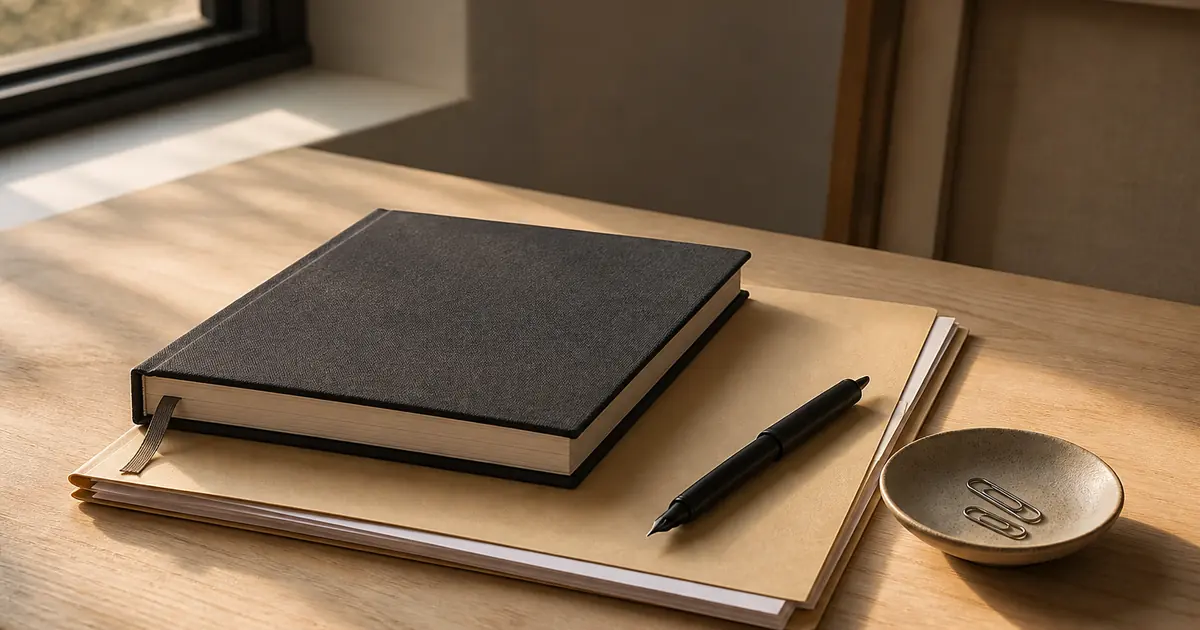 A tidy studio desk with a bound portfolio, a signed contract folder and a pen, warm side light through a tall window, calm and considered, no people