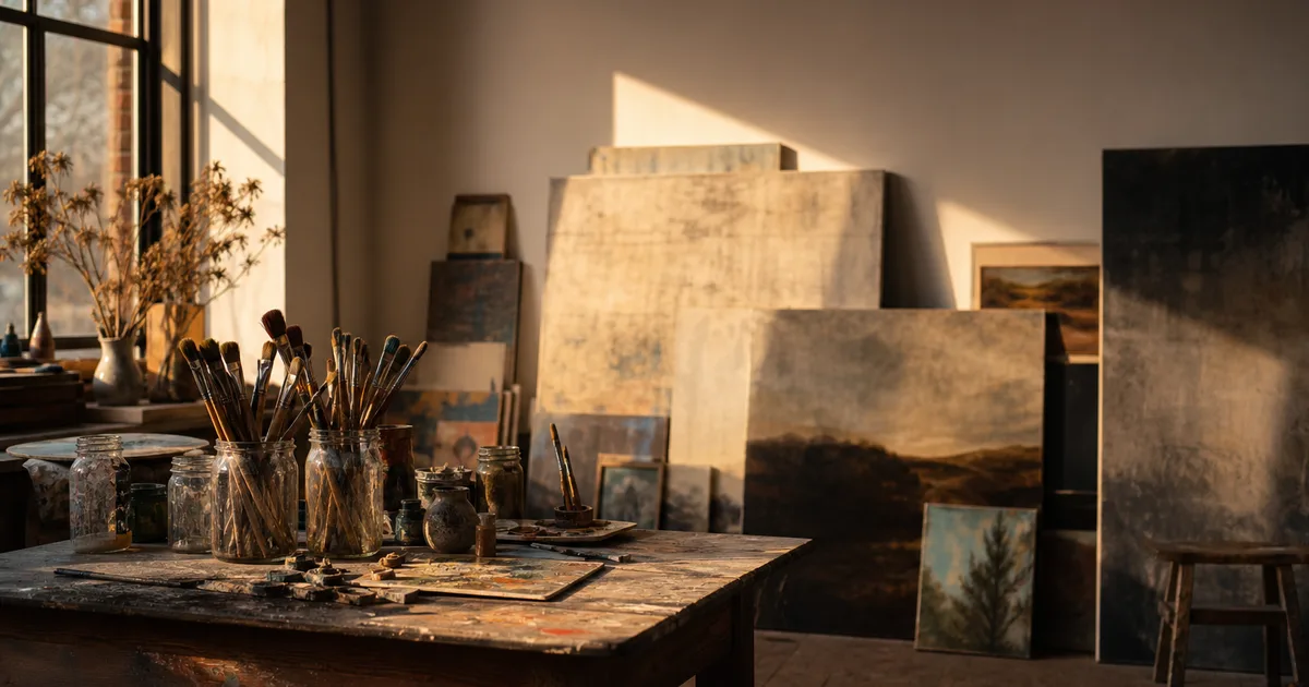 An artist studio at golden hour with canvases against a wall, brushes in jars and a paint-stained table, warm directional light, no people