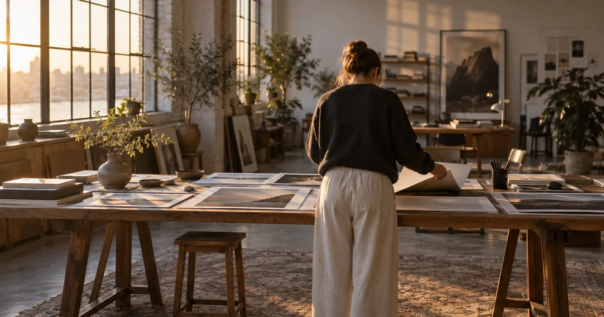 A professional reviewing documents and a laptop at a home desk with morning light coming through a window