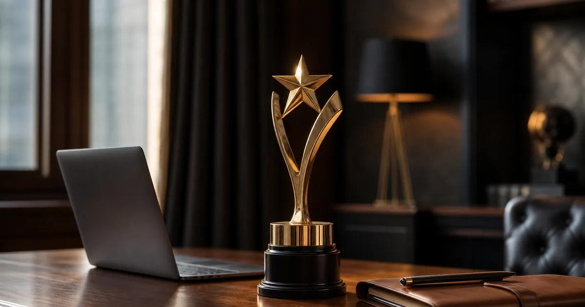 A prestigious award trophy on a desk beside a laptop and a leather portfolio, warm spotlight glow, dark sophisticated background, no people