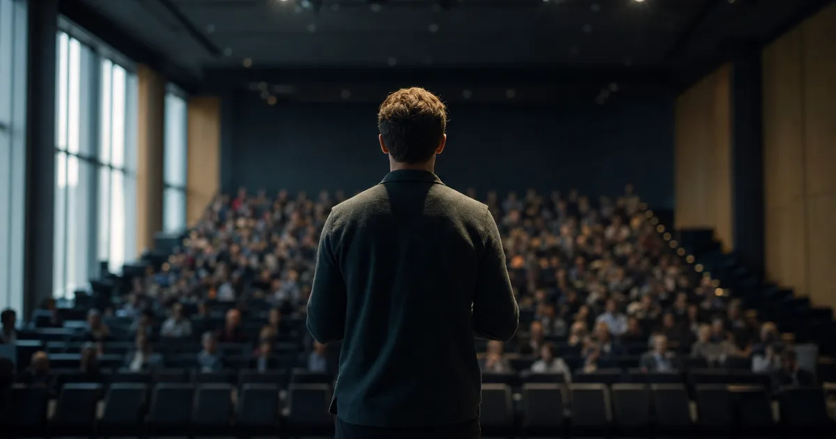 A founder presenting to an audience in a bright auditorium, stage lighting illuminating them from above, rows of seats visible in the background