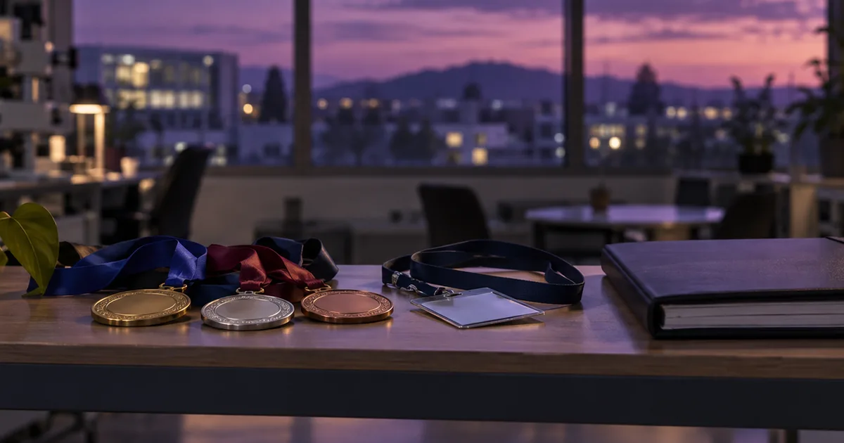 A break-room shelf in an engineering lab at dusk holding a few unmarked medals, a conference badge lanyard and a bound portfolio, a window of violet sky