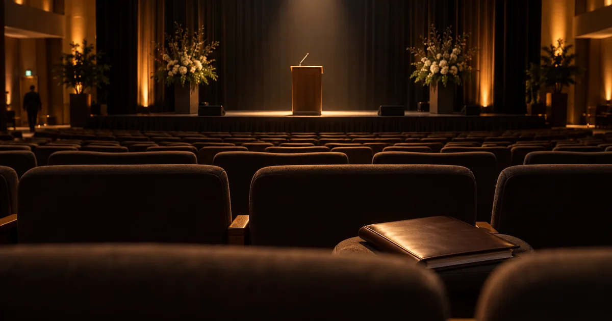 An empty keynote auditorium seen from the back row after an event, a single spotlight on the lectern and a thick bound folder resting on a front-row seat