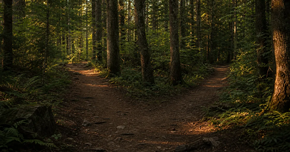 A fork in a well-worn hiking trail in a dense forest, with light filtering through the canopy down each diverging path, photographed in the golden hour with