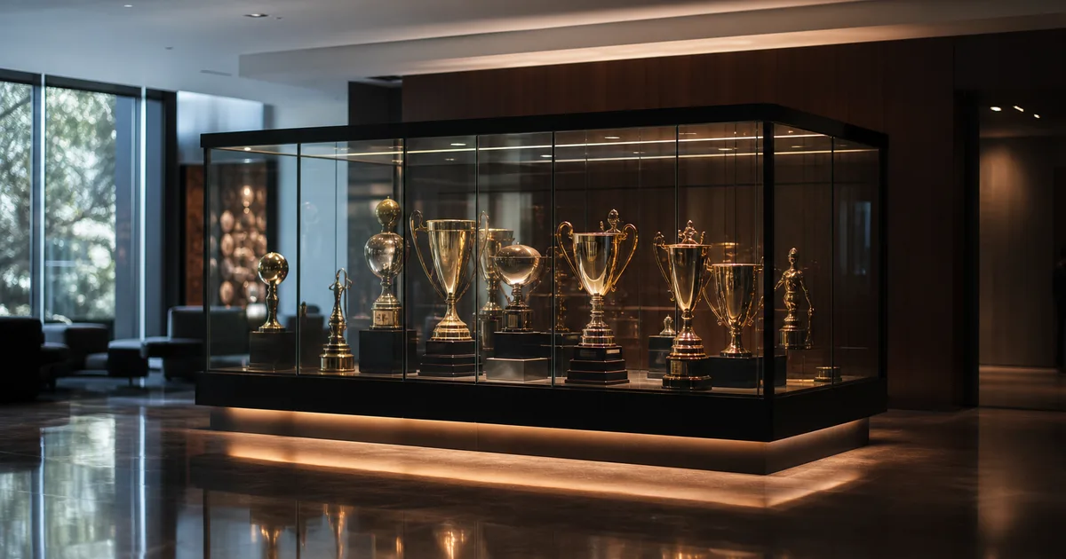 A gleaming glass trophy case in a softly lit award hall, illuminated from below, blurred abstract reflections on the polished floor