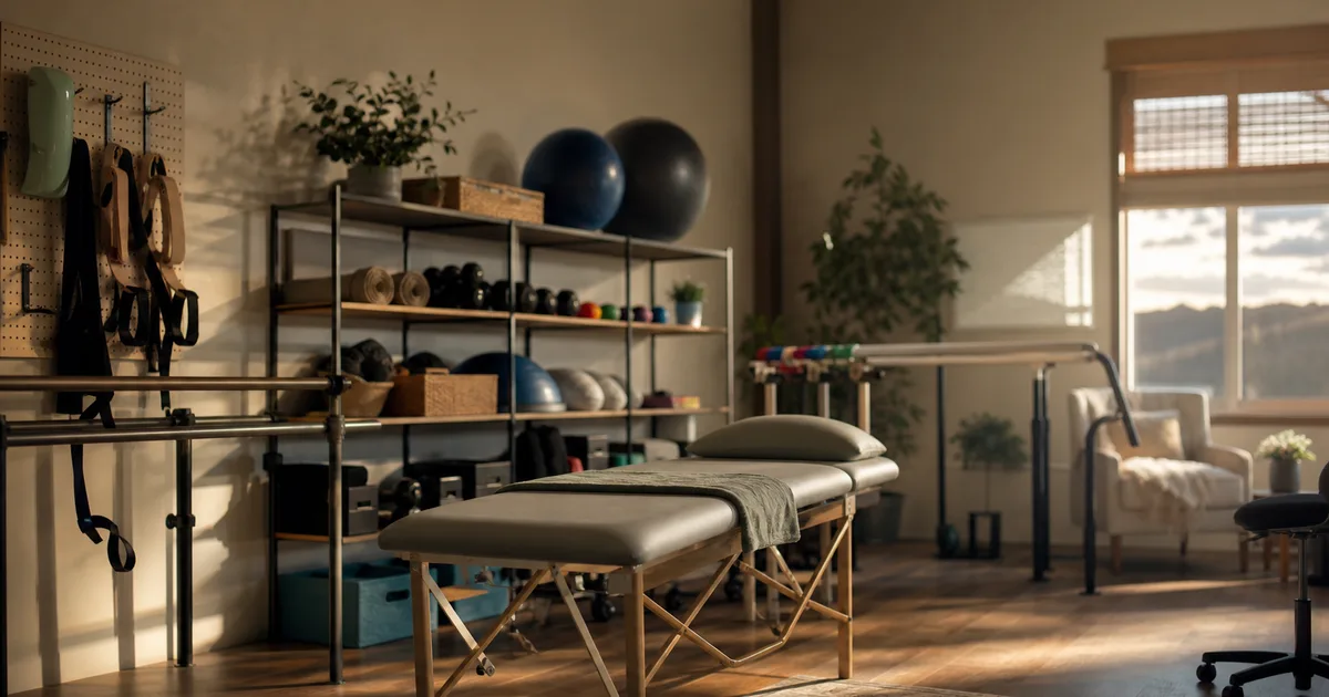 A warm occupational therapy room with rehab tools and adaptive equipment neatly arranged on shelves, soft afternoon light, no people