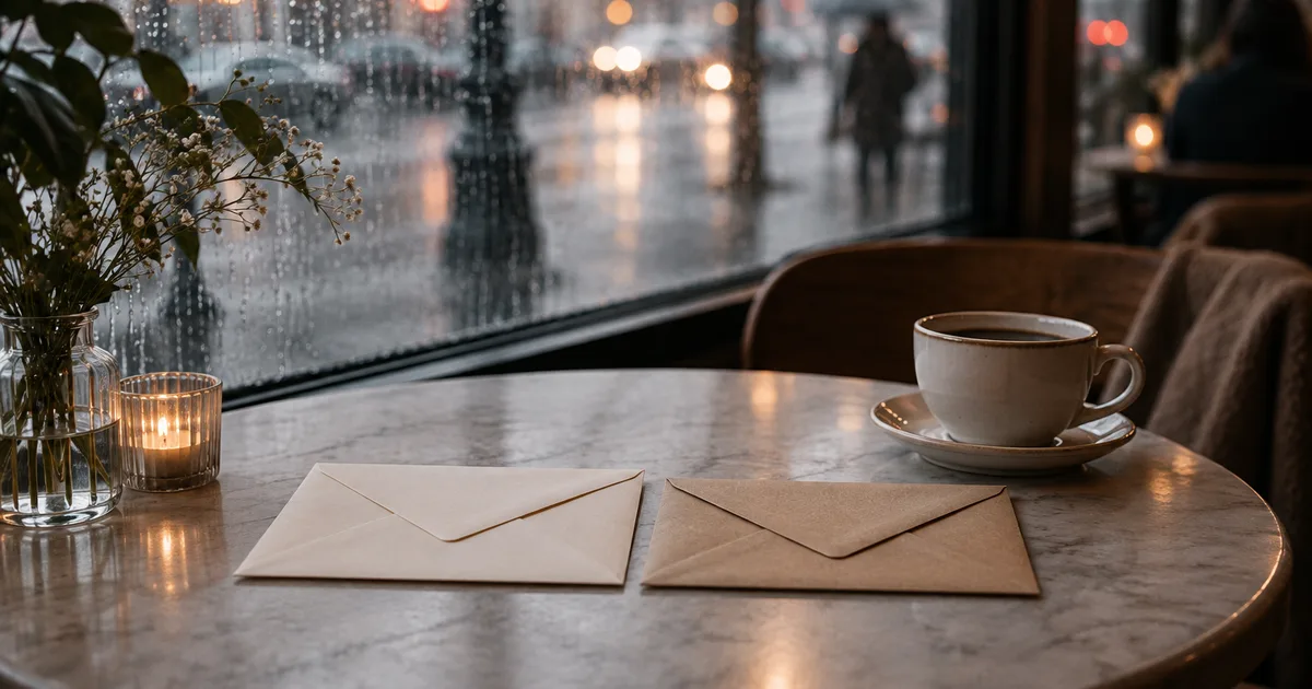 Two sealed envelopes resting side by side on a small cafe table beside a cooling cup of coffee, a rainy city street blurred through the window in soft grey