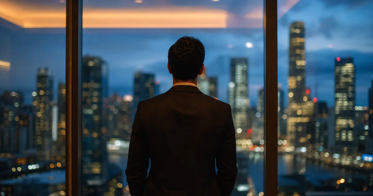 A professional in their late thirties reviews documents at a modern desk near a large window overlooking a city skyline at dusk