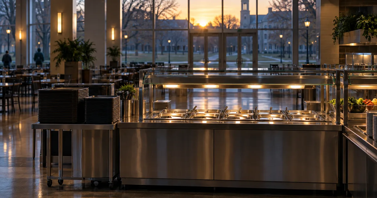 A university dining hall serving line before opening at dawn, stacked trays and gleaming steel pans under mixed fluorescent and window light, an empty quad
