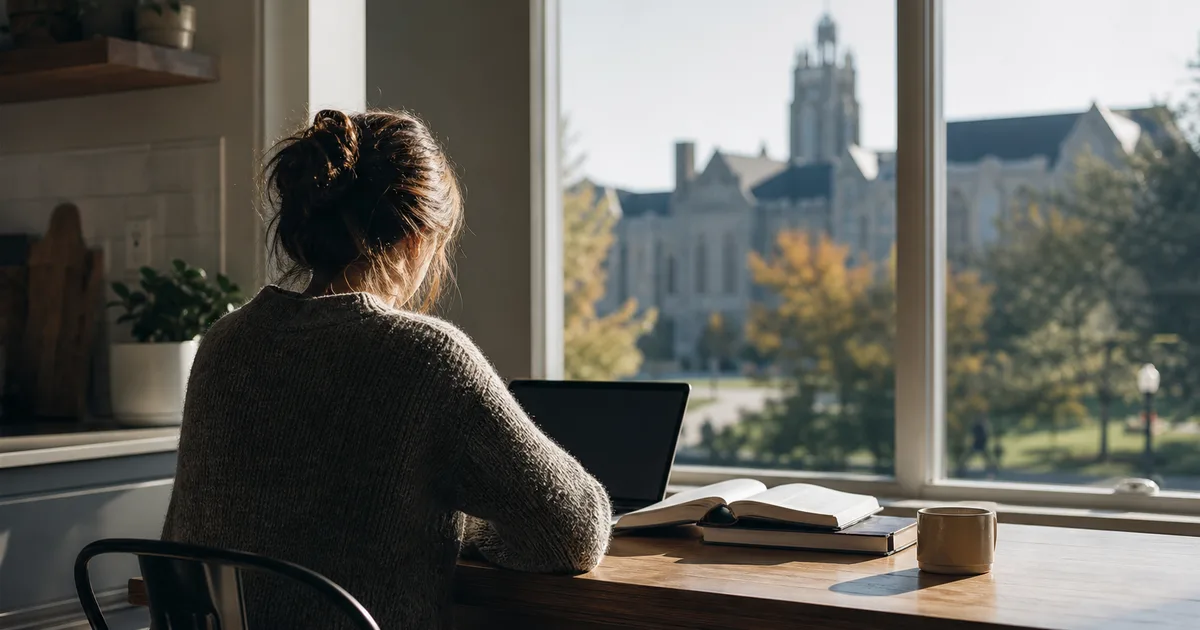 A student studying at a sunlit kitchen table with a laptop open, textbooks beside them, through the window a university building is faintly visible